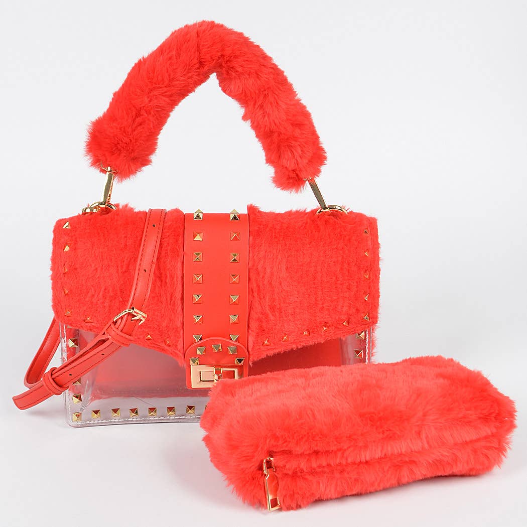 HPC3207 FAUX FUR CLEAR CLUTCH W/ DETACHABLE PURSE: Mustard