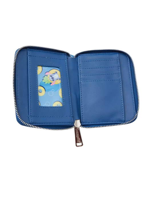 An open blue zip-around wallet with multiple card slots, a clear ID window, and a decorative cartoon print inside the ID slot, shown on a light gray background.