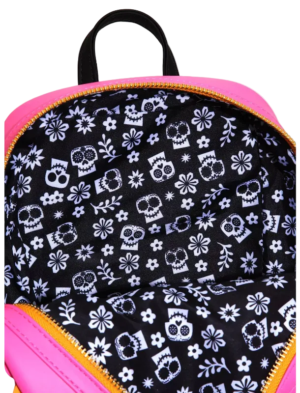 Backpack with black skull and floral pattern on a pink border