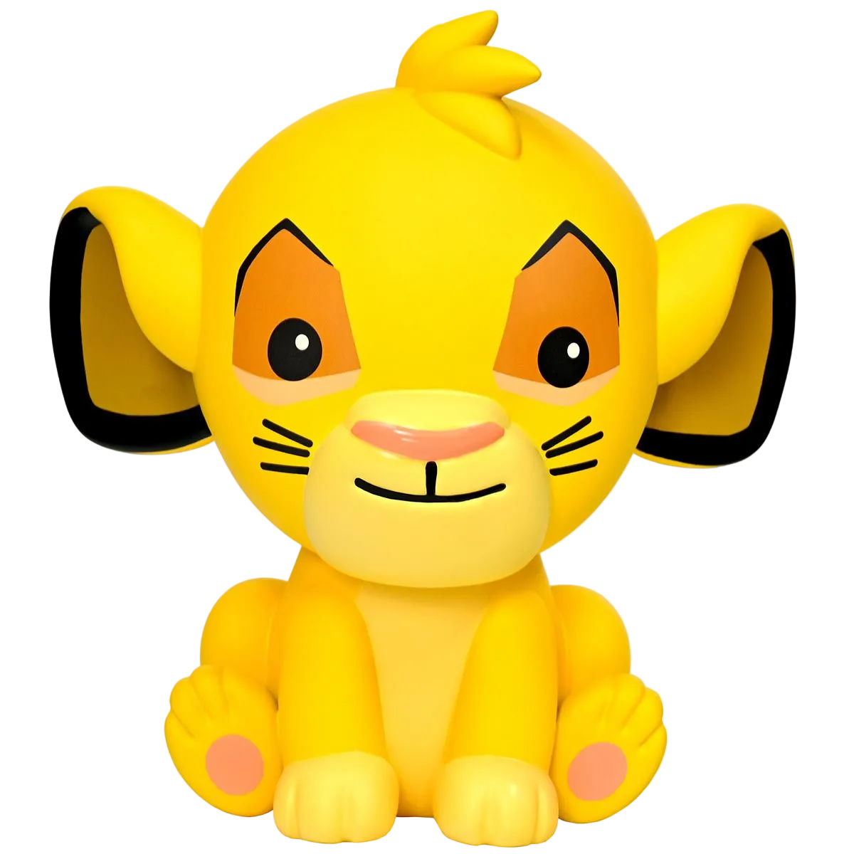 Yellow lion cub toy with black ears and orange accents on a white background