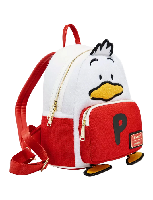 A red and white duck character backpack with a yellow beak, black eyes, and a large black letter P on the front pocket. The backpack features gold-tone zippers, a red top handle, and a detachable red shoulder strap, shown against a plain white background.
