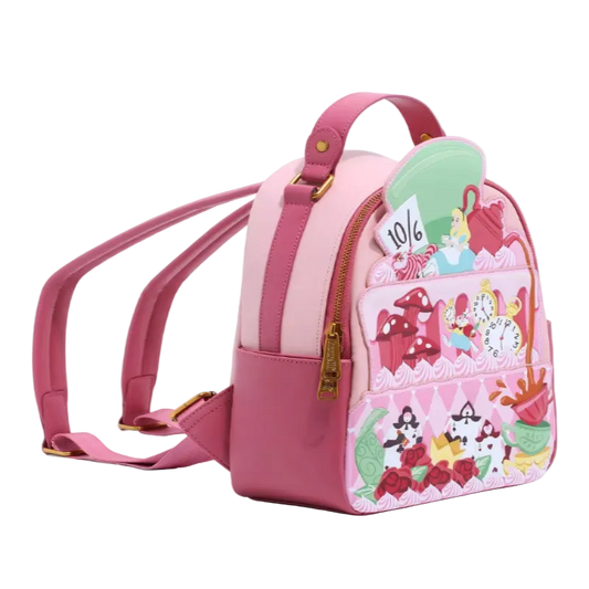 Pink backpack with cartoon design on a white background