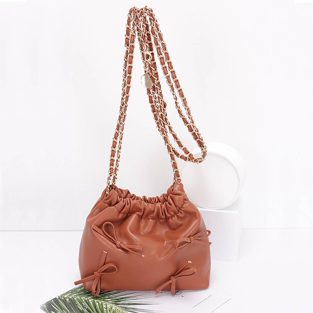 Faux Leather Multi Ribbon Bucket Chain Crossbody Bag: SL