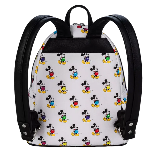 Backpack with colorful Mickey Mouse pattern on a white background