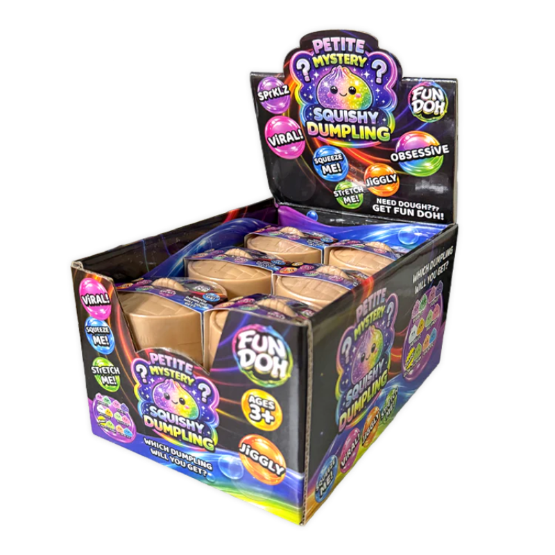 Display box of Fun Doh Petite Mystery Squishy Dumpling toys with colorful packaging.