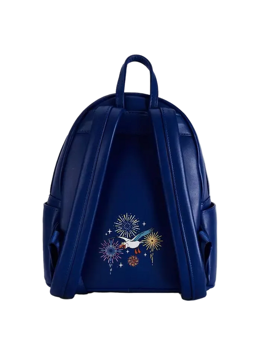 A navy blue faux-leather backpack shown from the back, featuring a colorful embroidered design of a white bird and fireworks on the center panel.
