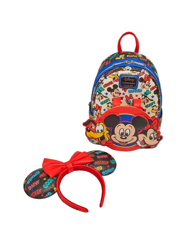 Backpack and headband with Mickey Mouse design on a white background