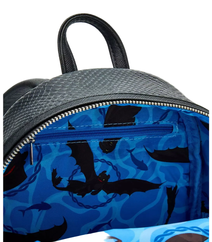 Backpack with blue pattern featuring black silhouettes on a white background