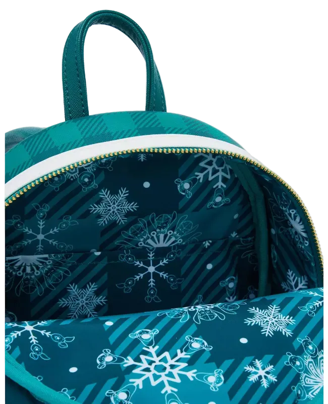 Teal backpack with snowflake pattern on a white background