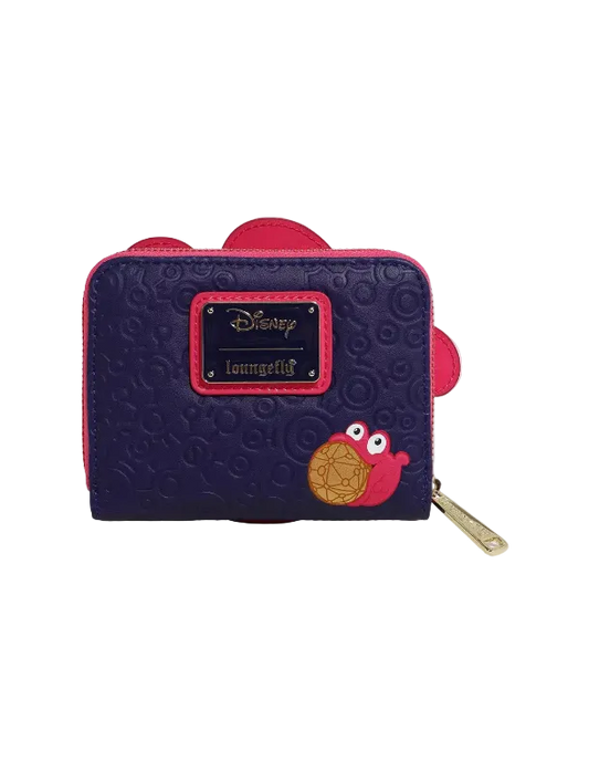 A Disney Loungefly zip-around wallet in dark purple with pink accents, featuring a textured embossed pattern, a pink Disney logo plaque, and a pink character applique on the front.
