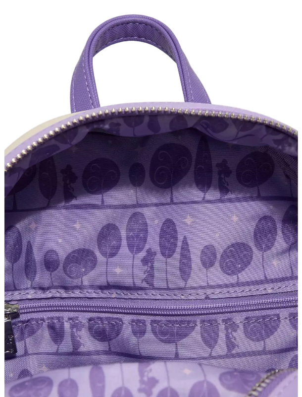 Purple backpack with tree pattern on a white background