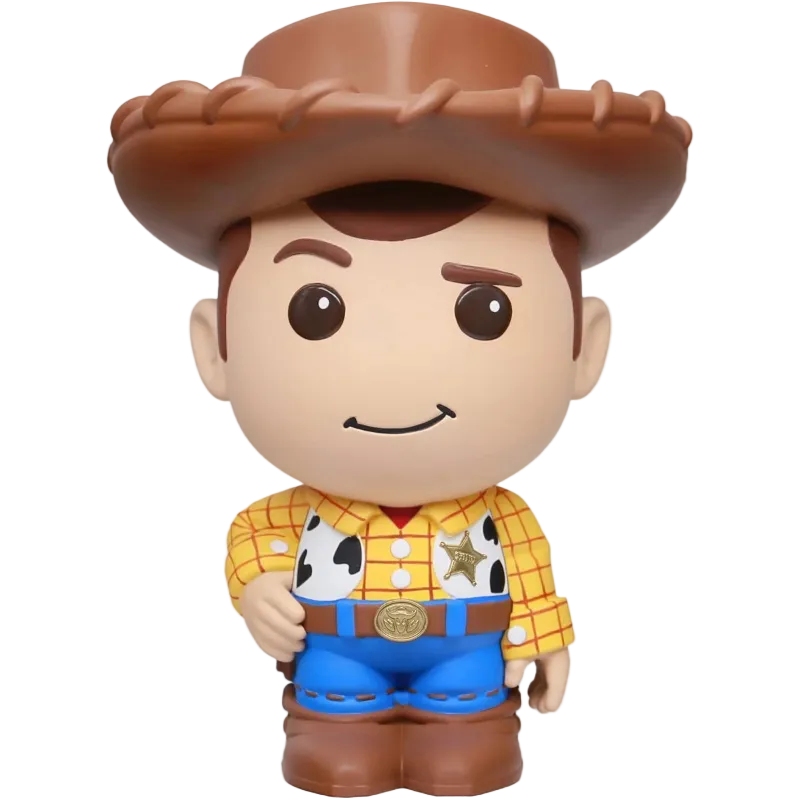 Toy figure of a character in a cowboy outfit with a brown hat on a white background