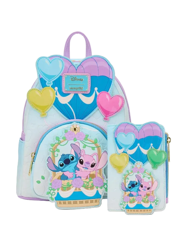 A Disney Lilo & Stitch themed backpack set with a matching zippered pouch and wallet, featuring Stitch and Angel in a hot air balloon scene with pastel balloon accents.