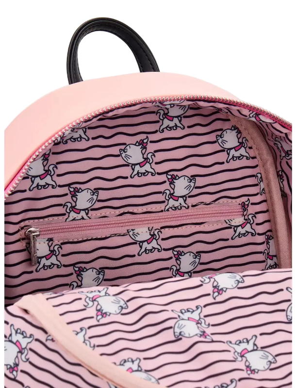 Pink backpack with cat pattern on a white background