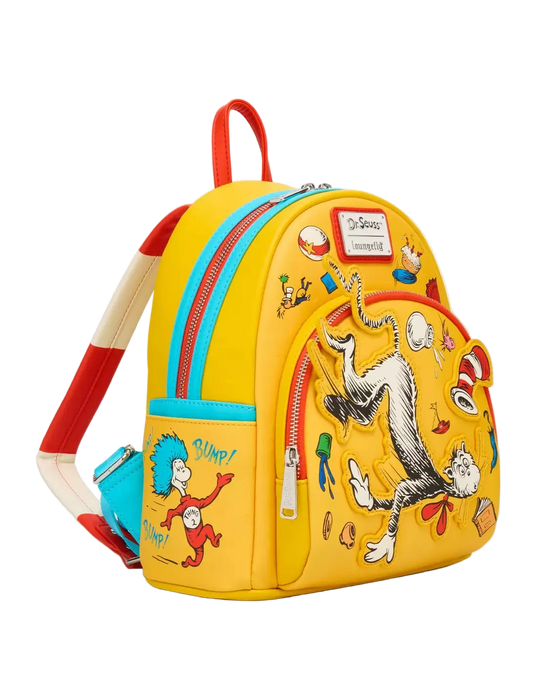 Yellow backpack with Dr. Seuss character designs on a white background