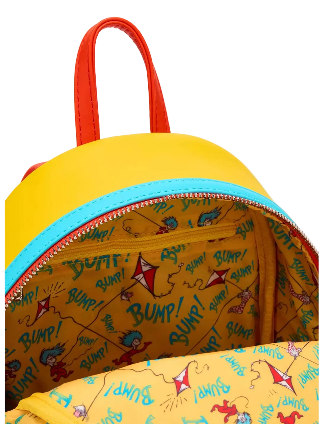 Colorful backpack with cartoon design on a white background