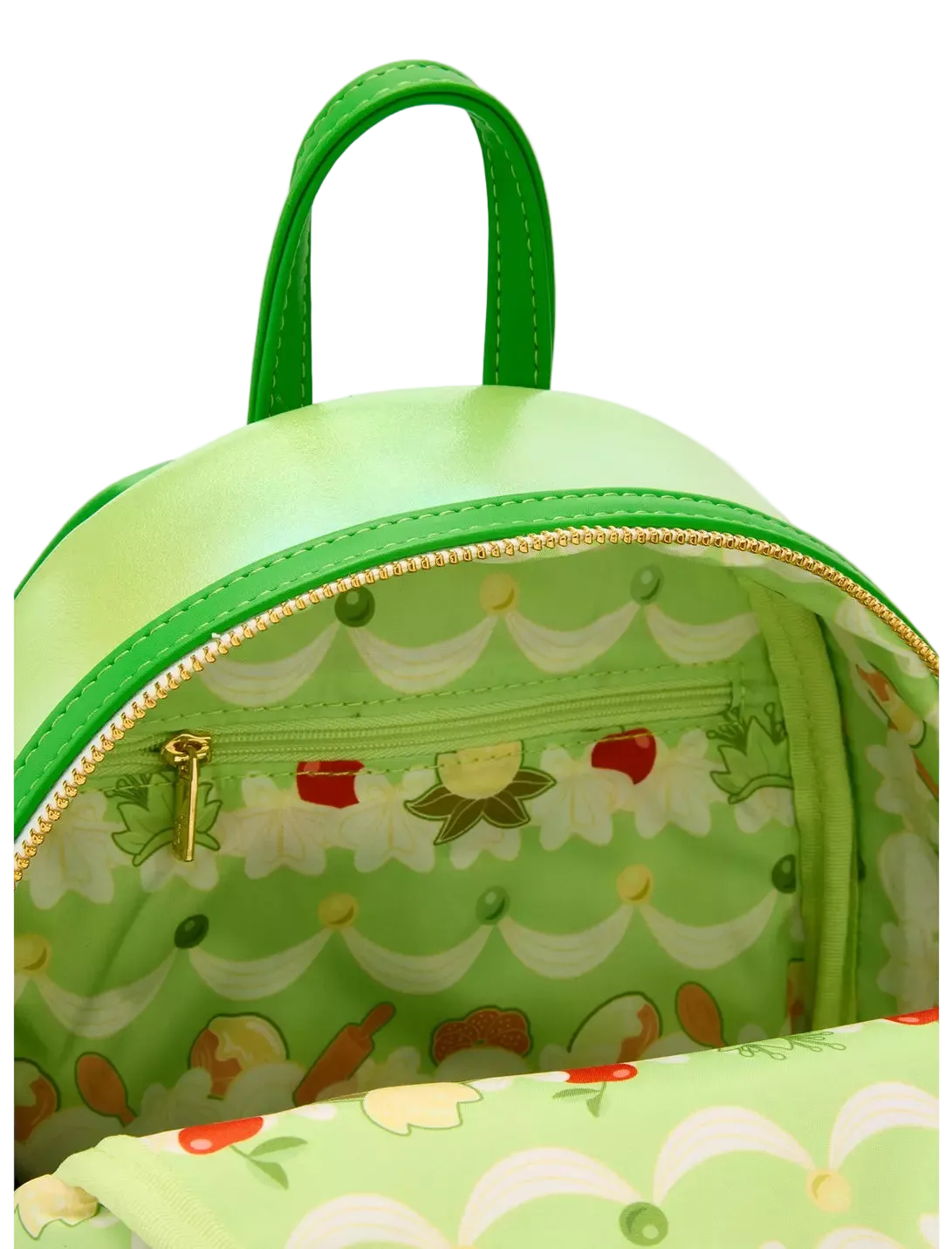Green backpack with cartoon character design on a white background