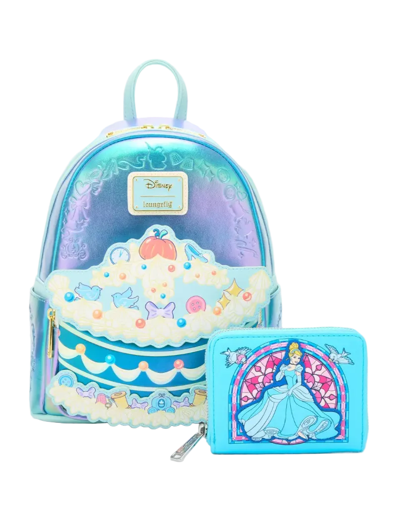 A Disney Cinderella-themed backpack and matching zip wallet set. The backpack is iridescent pastel blue and purple with a cake-slice applique and a Disney Cinderella patch.