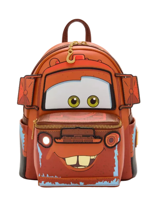 Backpack designed like a character with a face, featuring large eyes and a mouth on a white background.
