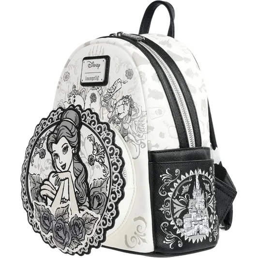 Backpack with Disney design featuring a princess and castle on a white background