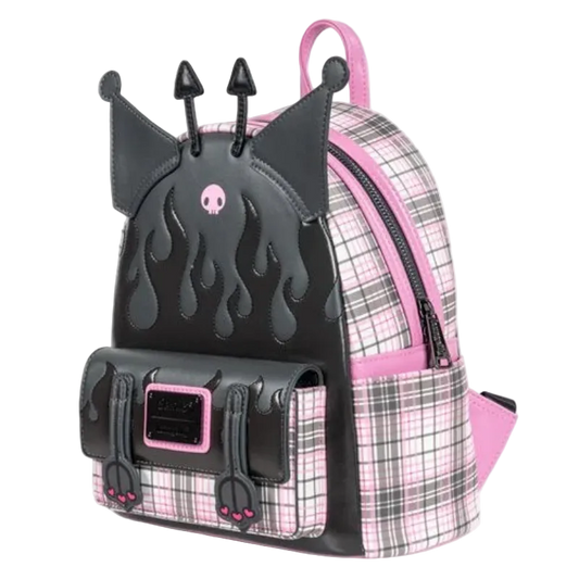 Backpack with black flame design and pink plaid pattern on a white background