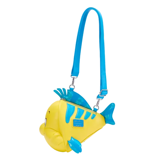 A yellow and blue fish-shaped shoulder bag with a bright blue strap, shown on a clean white background.