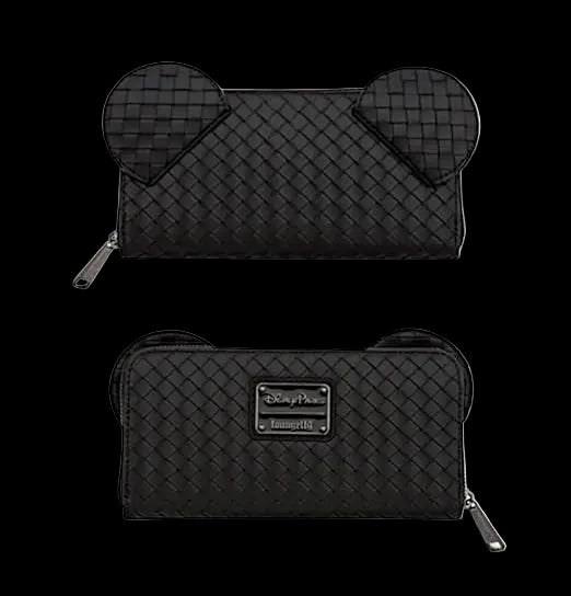 Black quilted wallet with mouse ear design on a white background
