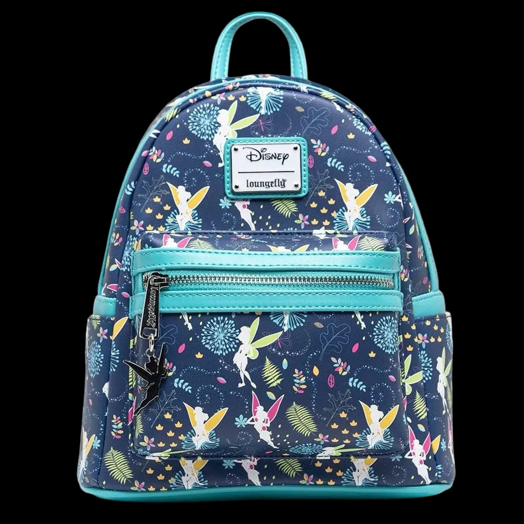 Backpack with fairy pattern and Disney Loungefly logo on a white background