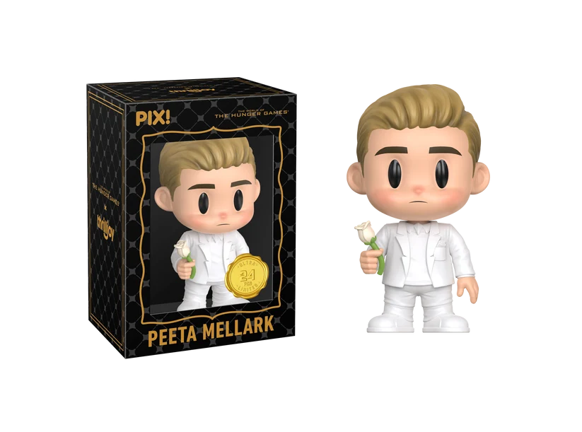 PIX! Peeta Mellark ultra chase figure in a white suit holding a white rose, next to his black window box.