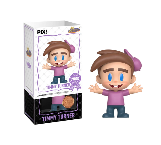 PIX! Timmy Turner vinyl figure with arms outstretched, in a pink cap, pink shirt and blue jeans, beside its box with the outer sleeve lifted.