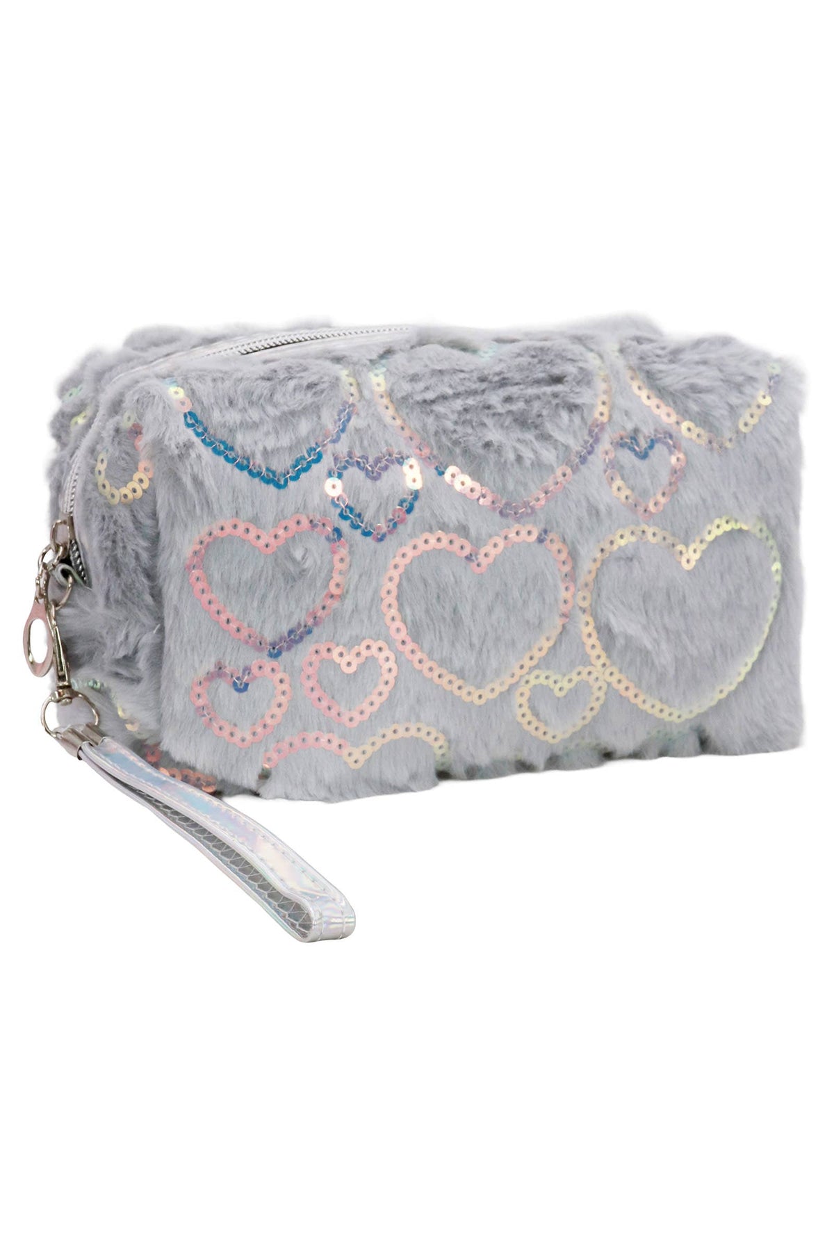 Heart Sequined Fuzzy Fur Cosmetic Pouch Bag: ASSORTED / ONE SIZE