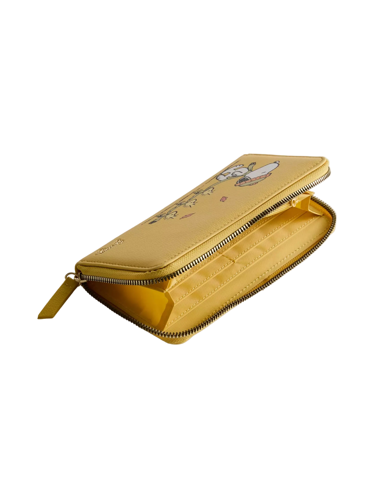 A yellow zip-around wallet with a cartoon rabbit illustration on the exterior and a gold-tone zipper, shown open on a light gray background.