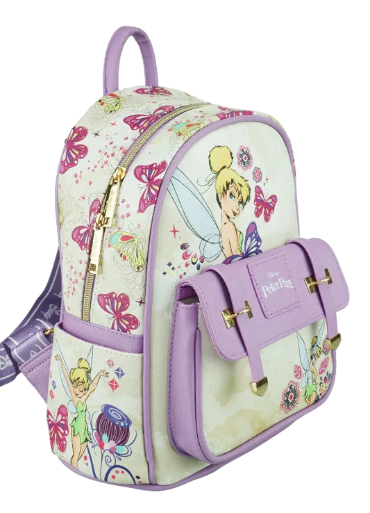 A Disney Tinker Bell mini backpack featuring a light cream background with colorful butterfly and floral prints, lavender purple trim and front pocket, and gold-tone hardware.