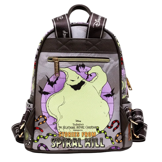 A Disney 'The Nightmare Before Christmas' Spiral Hill mini backpack featuring Ghostface on the front, with a purple circular background, black bats, colorful snakes, and dark brown straps with white Disney branding.