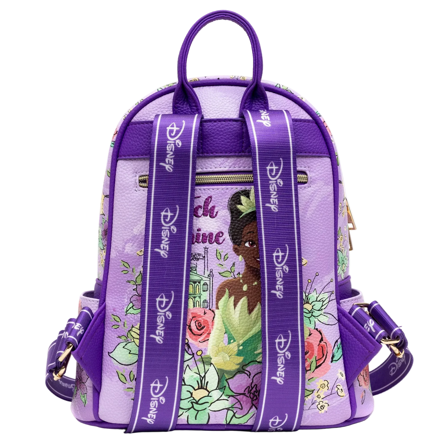 Purple backpack with Disney Princess design on a white background