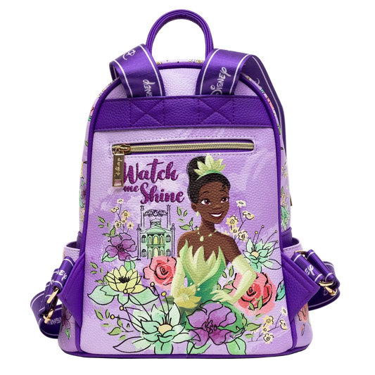 Back of the purple Tiana mini backpack showing Tiana in front of Tiana's Palace with the words Watch me Shine