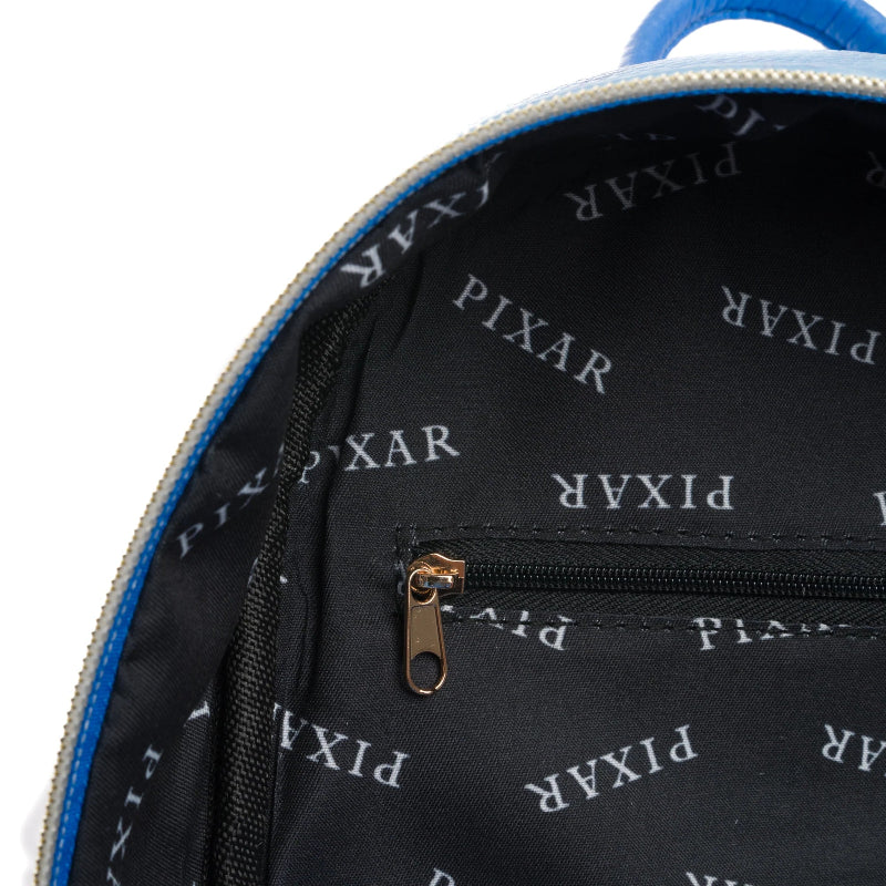 Close-up of a black backpack with Pixar logo pattern on a white background