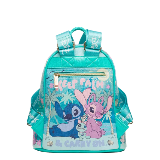 Teal backpack with cartoon characters and 'Keep Calm & Carry On' text on a white background
