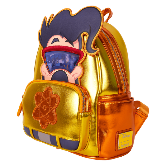 Gold backpack with cartoon character design on a white background