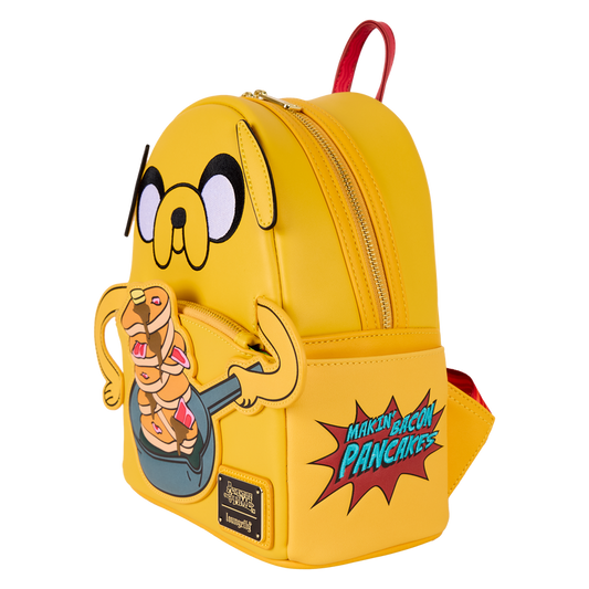 Yellow backpack with cartoon character design on a white background