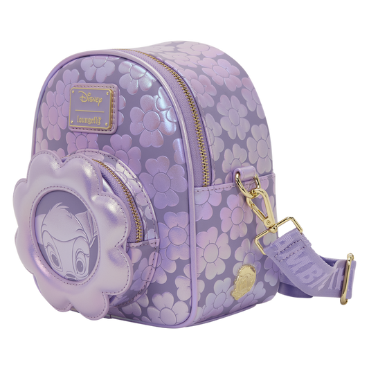 Purple floral-patterned backpack with character face on a clear background