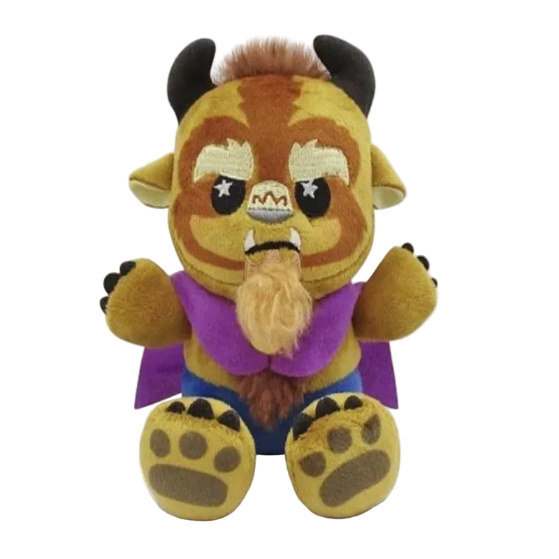 Plush toy resembling a character with a purple cape on a white background