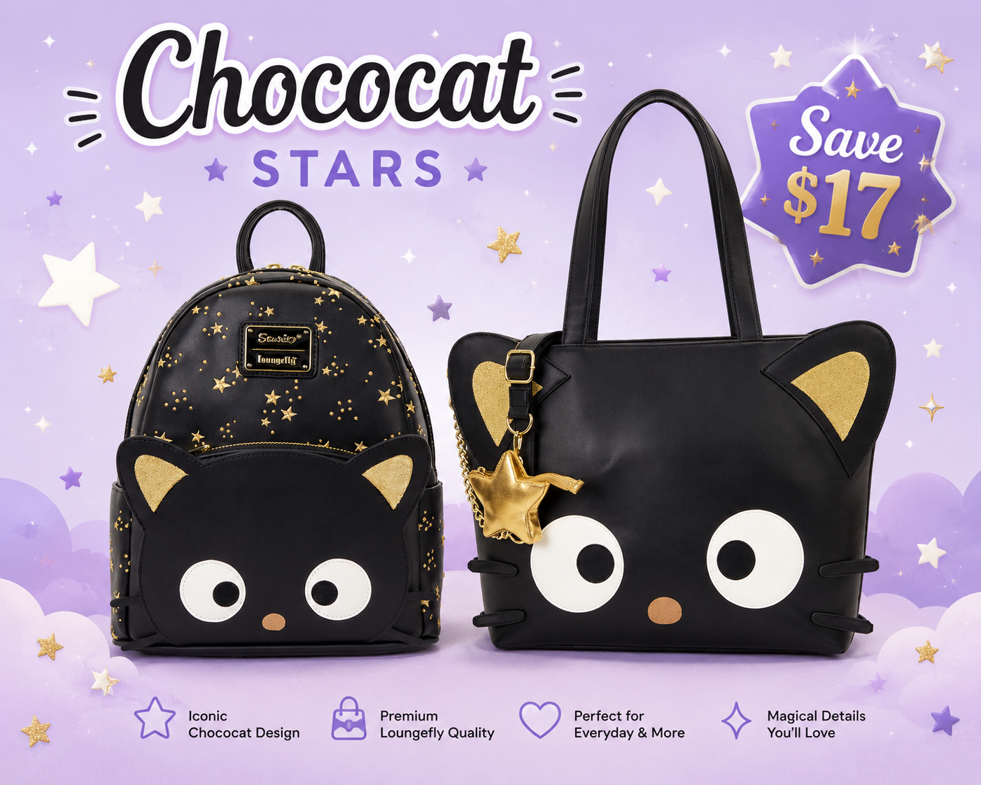 Two black cat-shaped bags with gold accents on a purple background, featuring the brand 'Chococat'.