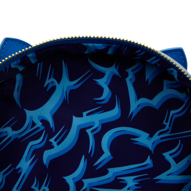 Blue and black patterned pouch with a zipper