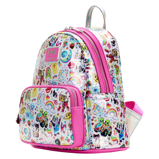 A white mini backpack covered in a colorful cartoon and pop-culture print, featuring bright pink trim, a front zip pocket, and a top handle, shown on a plain white background.