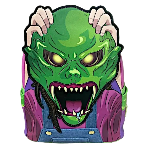 A novelty backpack featuring a graphic print of a screaming green monster face with yellow eyes, sharp teeth, and a purple shirt, set against a plain white background.