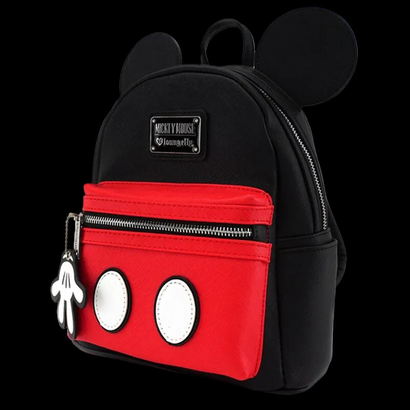 Black and red backpack with Mickey Mouse ears and gloves on a white background