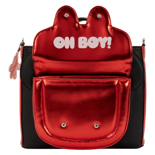 Red metallic backpack with 'OH BOY!' text on a white background