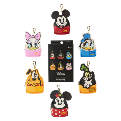 All six Mickey and Friends mini backpack keychain charms arranged around the mystery box packaging card