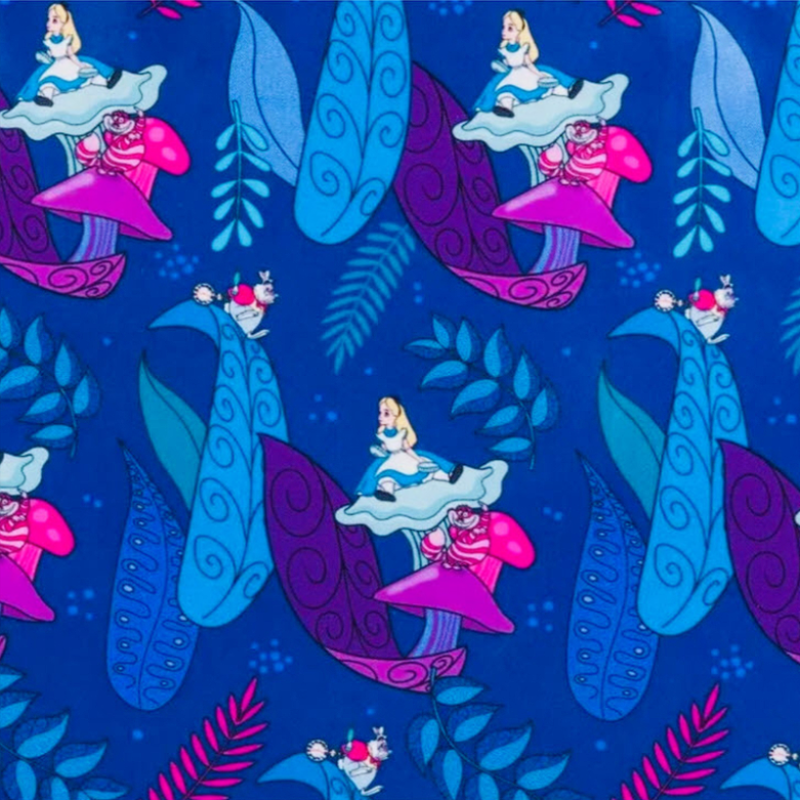 Pattern of Alice in Wonderland characters on a blue background